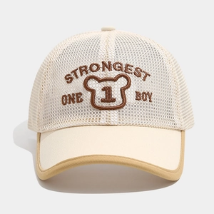 Detail view of breathable mesh and high-quality embroidery on kids baseball cap