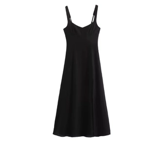 Minimalist black V-neck spaghetti strap slit dress in plain weave with A-line silhouette