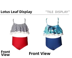 Flat lay detail of girls' two-piece swimsuits with ruffles, pompoms and tropical prints