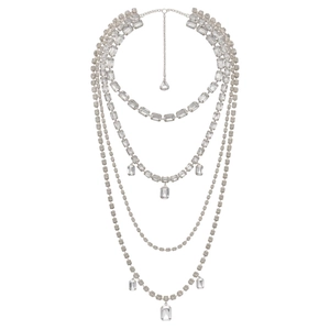 Multilayer silver tassel necklace with square crystals and emerald-cut emerald pendant decor