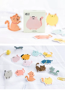 Cute cartoon cat sticker set in a mint green box displayed on white textured fabric