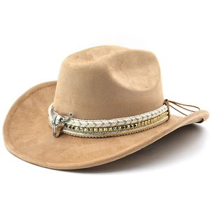 Classic khaki faux suede western cowboy hat with silver bull skull and braided band