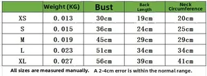 Size chart for pet vest showing weight and measurements from size XS to XL for dogs