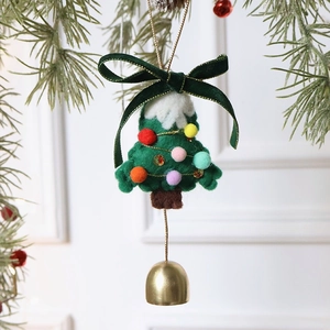 Felt Christmas tree ornament with colorful wool balls, velvet bow, and golden bell detail