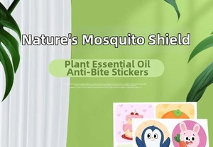 Detailansicht von Mückenschutz-Patches mit süßen Pinguin-, Hasen- und Tortenmotiven