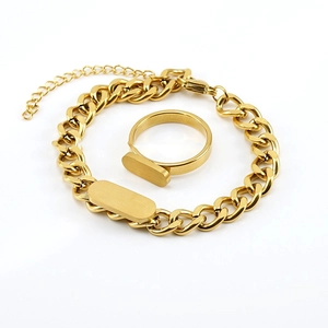 Golden stainless steel cuban chain bracelet and minimalist ring set for women