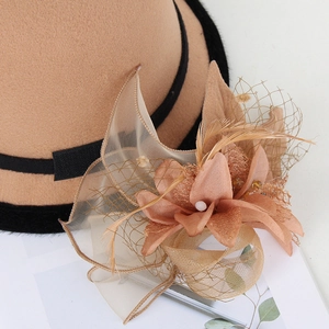 Elegant camel wool felt hat for women with mesh veil, feathers and floral accents