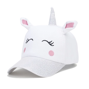 Detail of unicorn baseball cap featuring silver sequins horn and embroidered eyelashes