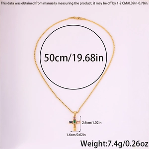 Detailed dimensions of the gold cross pendant necklace with multi-colored crystals