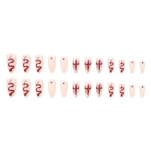 Almond shaped press-on nails with red cross and snake patterns in gothic style