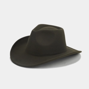 Detailed 45-degree angle view of a dark olive green wool felt cowboy hat with wide brim