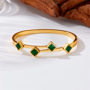 Minimalist gold titanium steel square open bracelet with four green gemstones