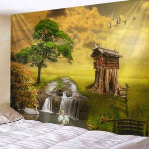 Golden forest waterfall wall hanging tapestry for bedroom and living room decor