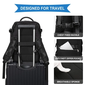 Detailed back view of travel backpack showing luggage strap, chest buckle and breathable mesh