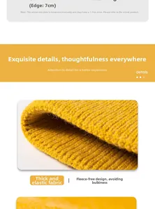 Detailed close-up of yellow knit beanie featuring 7cm turn-up cuff and thick elastic fabric