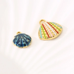 Marine shell pendants in blue and multicolored enamel with gold-plated stainless steel finish