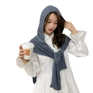 Chic grey knitted hooded scarf shawl for women featuring soft warm autumn winter texture