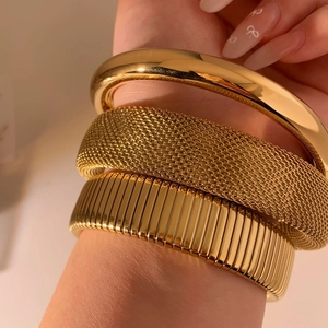 Stainless Steel Bangle Bracelets Polished Gold Silver Tone Mesh Weave Tubogas Texture Minimalist Trendy Women Jewelry