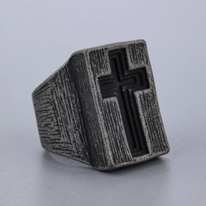 Vintage oxidized silver cross ring for men with gothic industrial engraved details