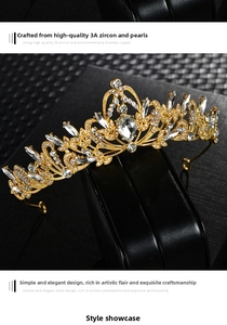 Detail of golden bridal crown featuring a pear-shaped zircon and 3A grade crystals