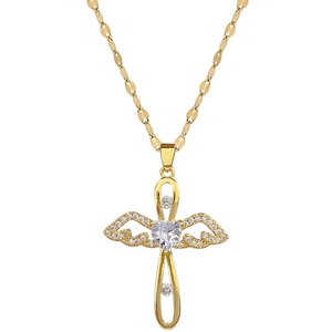 Luxury titanium steel cross necklace with angel wings and pink heart zircon pendant