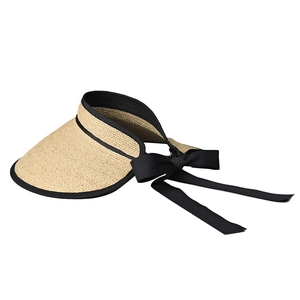 Women's wide brim raffia straw visor hat with black ribbon bow tie in a minimalist design