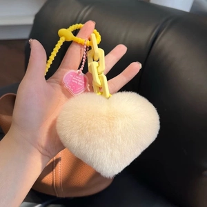 Chic cream faux rabbit fur heart keychain with chunky yellow chain and pink charm