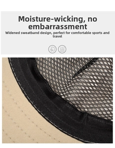 Close-up of sun hat interior showing breathable black mesh lining and wide sweatband