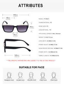 Detailed size chart for square sunglasses showing frame width lens height and bridge length