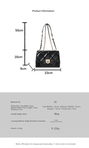 Detailed size chart and specifications for the quilted chain crossbody square bag