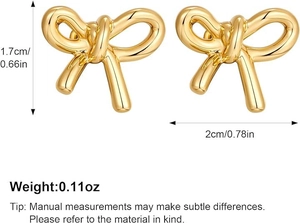 Detailed view of golden bow stud earrings showing dimensions 1.7cm x 2cm and weight 0.11oz