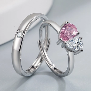 Romantic silver couple ring set with pink and white pear-cut heart shaped stones
