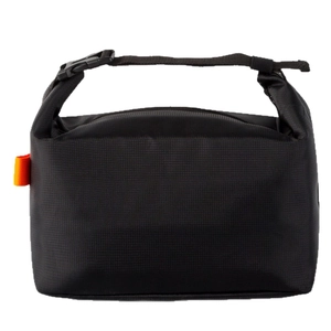 Black insulated lunch bag with grid pattern nylon fabric and orange accent label