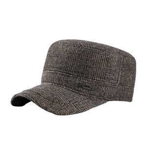Winter brown plaid flat top army cap for men with thick wool blend fabric and metal badge