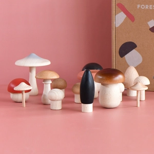 Colorful handcrafted wooden mushroom set for creative kids toy and modern home desktop decor