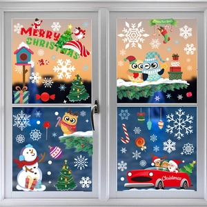 Christmas static window decals featuring Santa, owls, and snowflakes for glass decoration