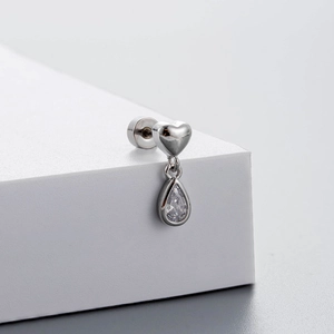 Silver titanium steel heart stud earring with teardrop zircon pendant and screw back closure