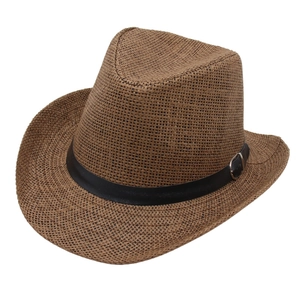 Classic brown woven straw cowboy hat with black leather band and silver buckle