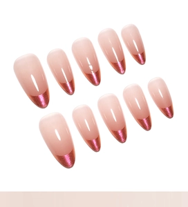 Detailed view of 10 almond press-on nails with pink metallic French tips on a white background