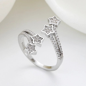 S925 sterling silver open ring featuring star shapes and sparkling zircon stones