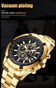 Macro shot of gold vacuum plating finish and luminous dial on luxury men sport watch