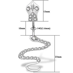 Silver snake belly button ring with rhinestones and 1.6mm gauge size dimensions