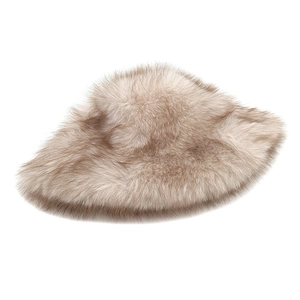 Detailed close-up of thick gradient brown faux fur bucket hat with fluffy texture