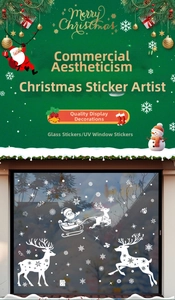 Detail of UV Christmas window stickers featuring Santa Claus sleigh and white reindeer