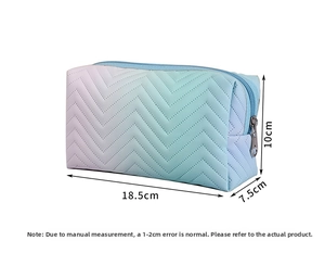 Detail showing dimensions of the gradient PU leather makeup bag with V-shaped quilting