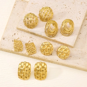 Set of five gold hammered textured earrings in geometric squares and woven designs