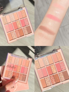 Arm swatches of 15-color eye shadow palette featuring matte and shimmer pink tones