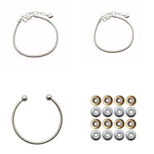 Silver snake chain bracelets and open cuff bangle with mixed gold and silver beads set