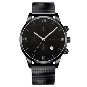 Sleek black quartz watch with Roman numeral dial and Milanese mesh strap on white background