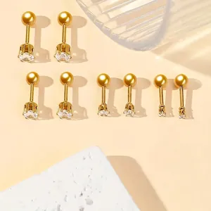 Set of four gold-plated 316 stainless steel stud earrings with AAA cubic zirconia in 4-prong